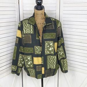 Vtg Drapers & Damons Petite Mosaic Tile Print Microfiber Bomber Jacket Black‎ PM